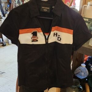 Harley-Davidson Black and Orange Women's Zip-Up Shirt Small